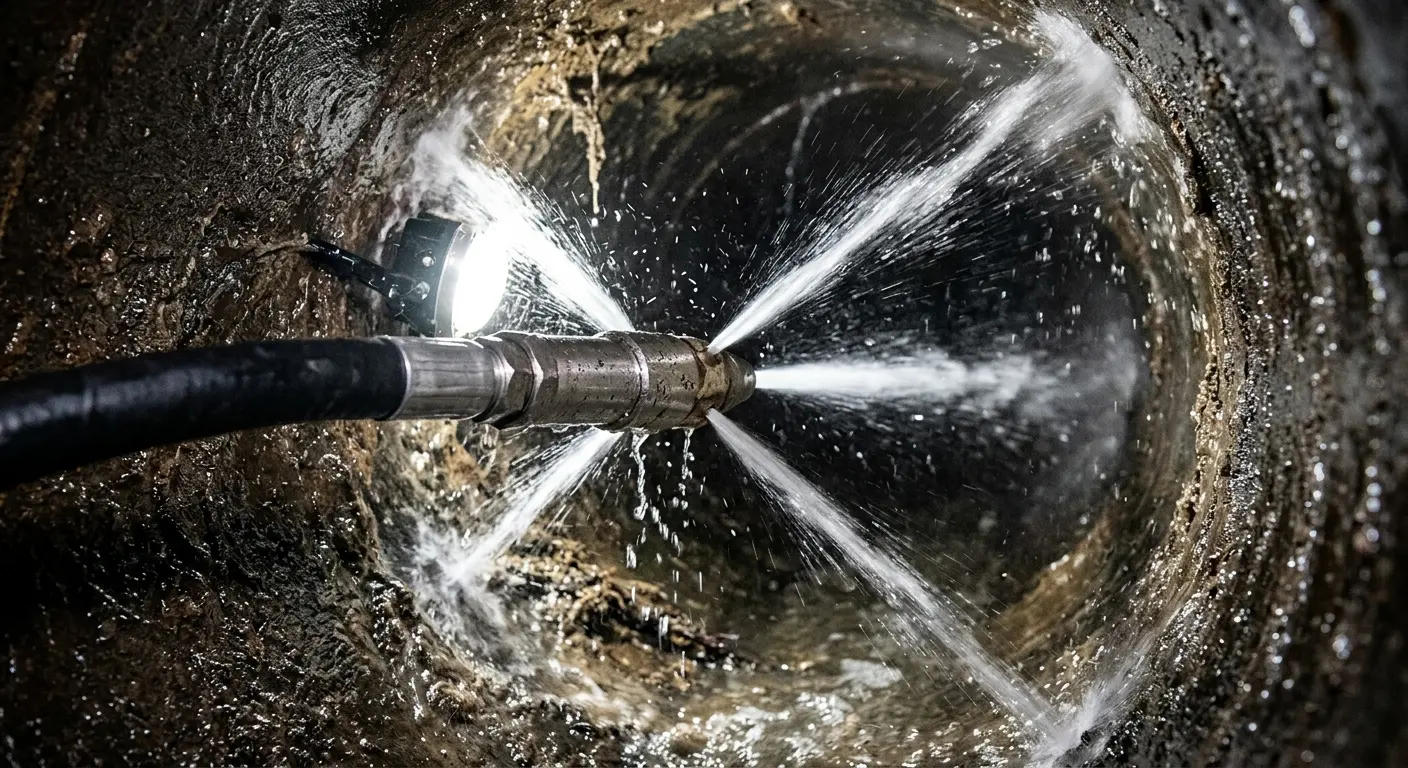 High-pressure hydro jetting nozzle cleaning sewer pipe for Trenchless Sewer Repair in South Abington