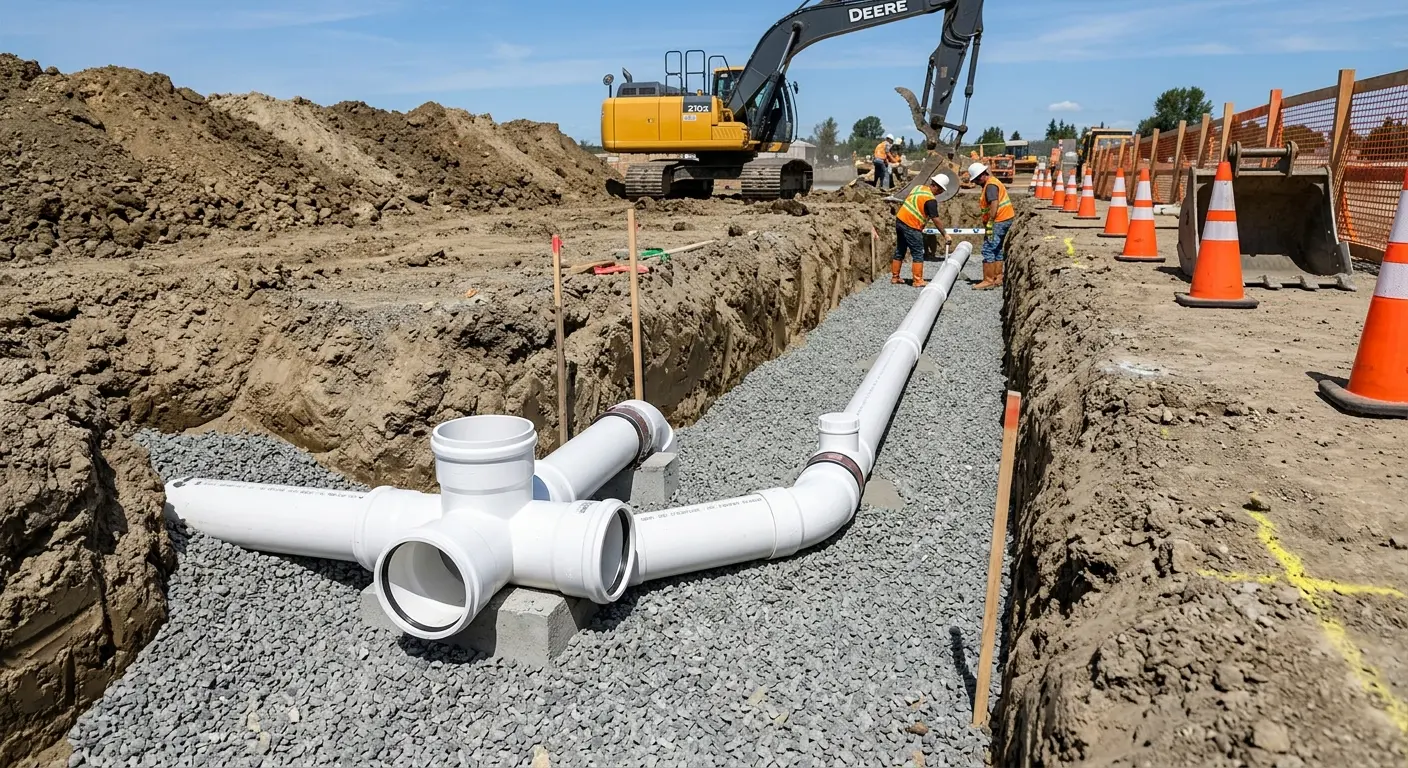 New PVC sewer pipe installation in open trench for Commercial Drain Cleaning in South Abington